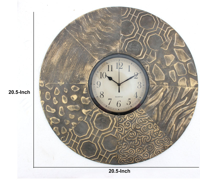 Circular Wall Clock With Engraved Textured Frame Brown-zoom-