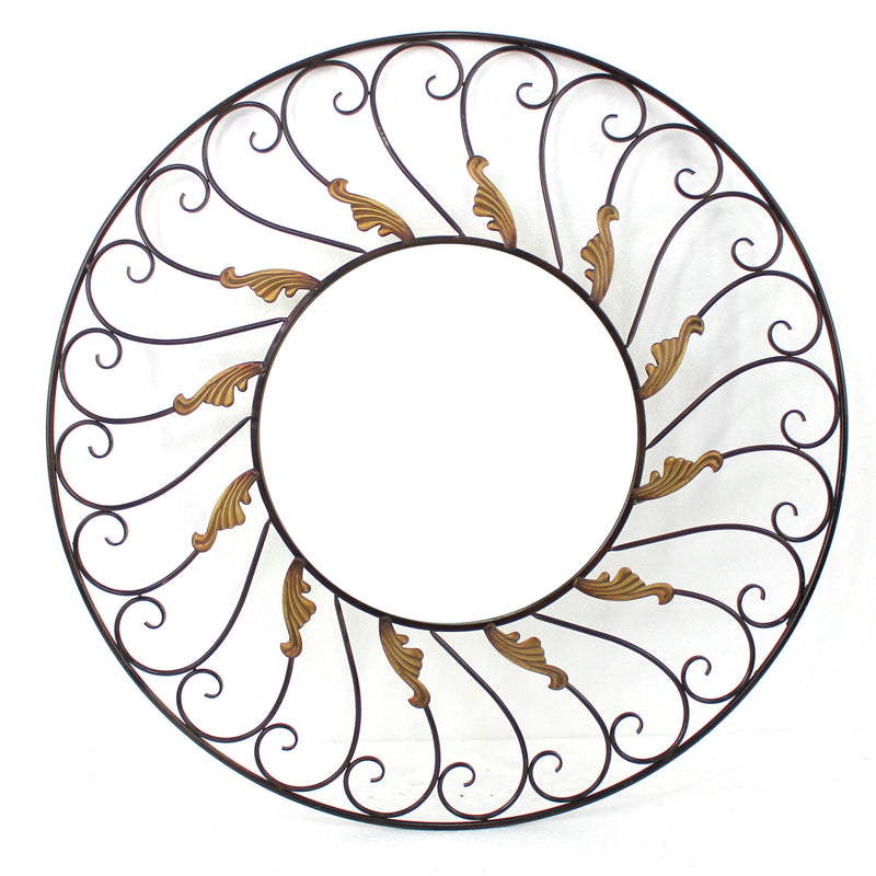 Round Metal Wall Mirror With Scroll Details Bronze And Gold-zoom-