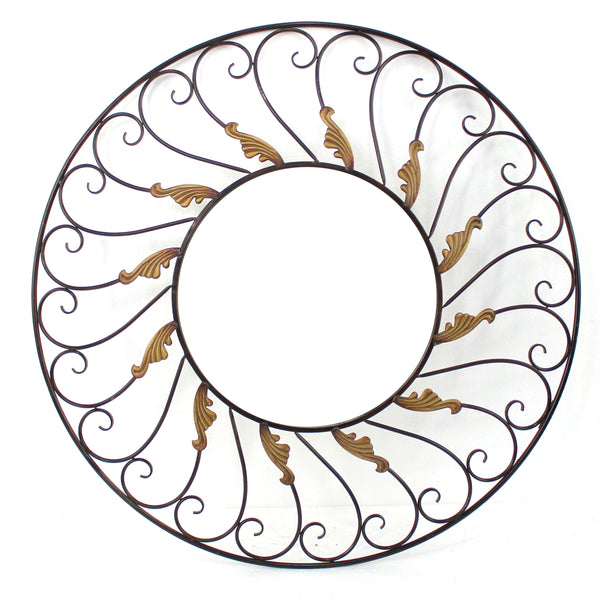 Round Metal Wall Mirror With Scroll Details Bronze And Gold