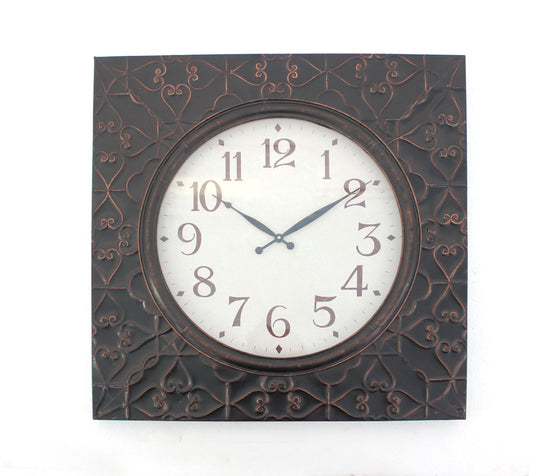 Square Metal Wall Clock With Embossed Intricate Carvings Bronze