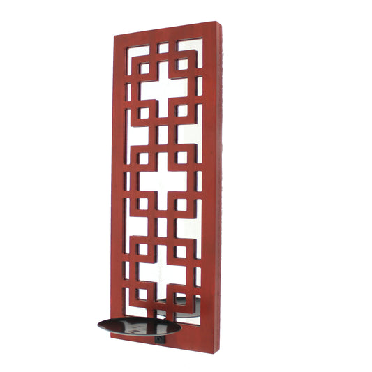 Lattice Design Wooden Frame Candle Holder With Mirror Insert Red