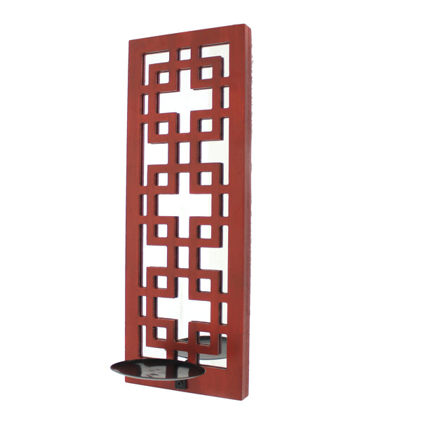 Lattice Design Wooden Frame Candle Holder With Mirror Insert Red