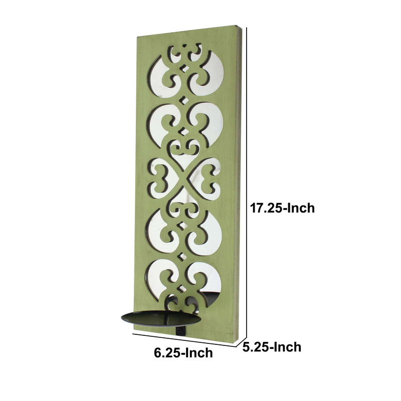Quatrefoil Pattern Wooden Candle Holder With Mirror Insert Green-zoom-