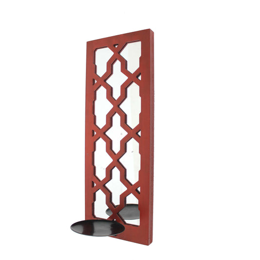 Quatrefoil Pattern Wooden Candle Holder With Mirror Insert Red