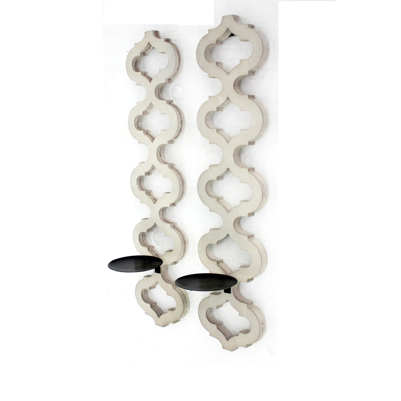 Geometric Lattice Wooden Frame Metal Candle Holder Set Of 2 White-zoom-
