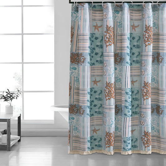 Sea Life Print Shower Curtain With Button Holes Blue And Brown