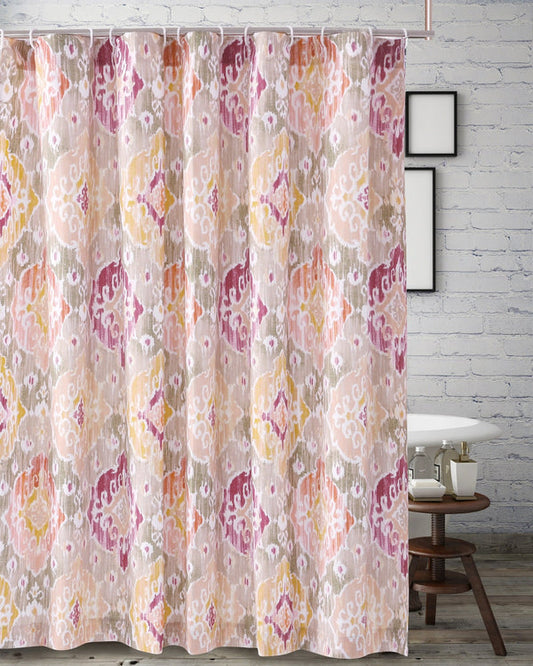 Fabric Shower Curtain With Medallion Pattern And Button Holes Multicolor