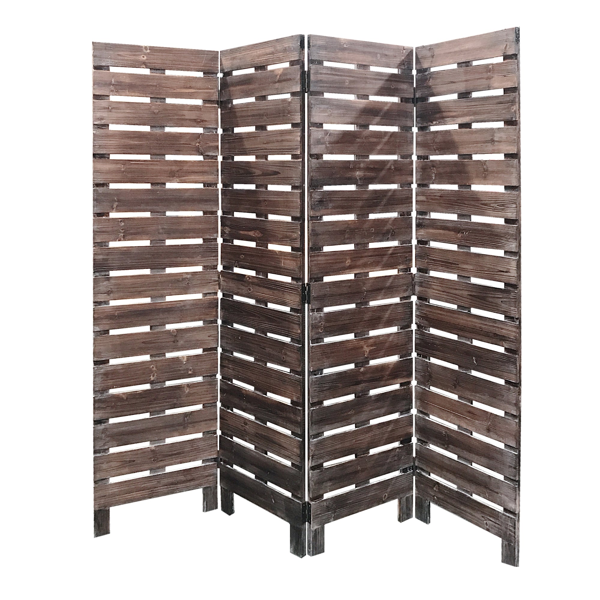 4 Panel Wooden Room Divider with Horizontal Planks, Brown-zoom-1