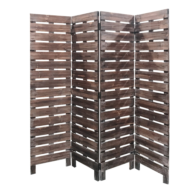 4 Panel Wooden Room Divider with Horizontal Planks, Brown-zoom-
