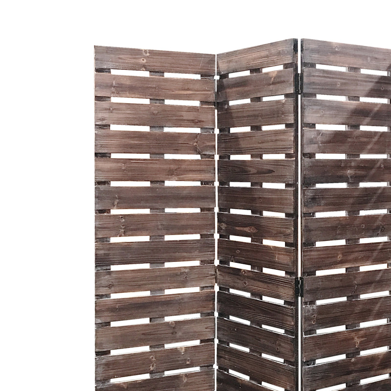 4 Panel Wooden Room Divider with Horizontal Planks, Brown-zoom-