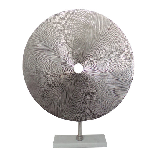 Metal Swirl Disk Accent Decor With Marble Base Silver