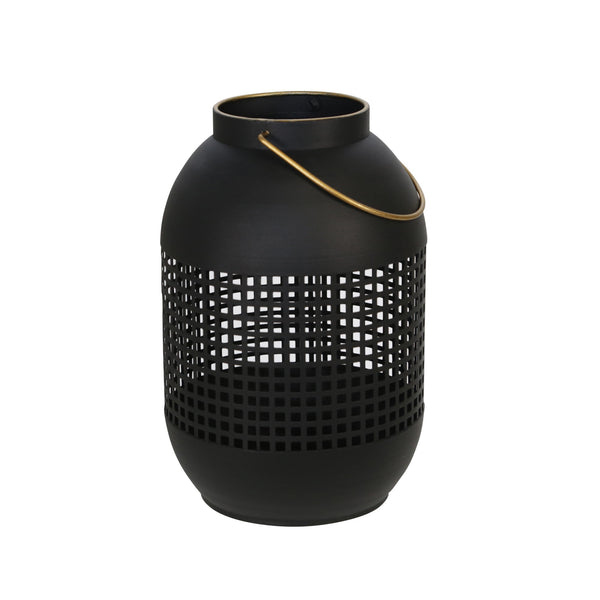 13 Inches Caged Metal Frame Lantern With Handle Black And Gold