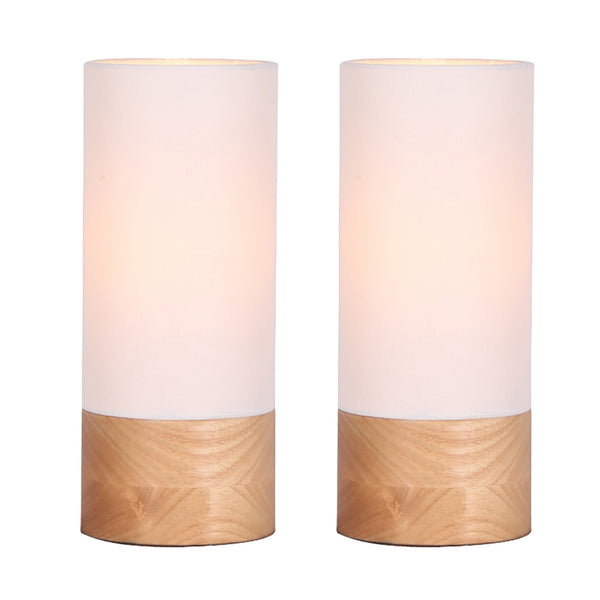 Cylindrical Wooden Cannister Table Lamp Set of 2 White and Brown