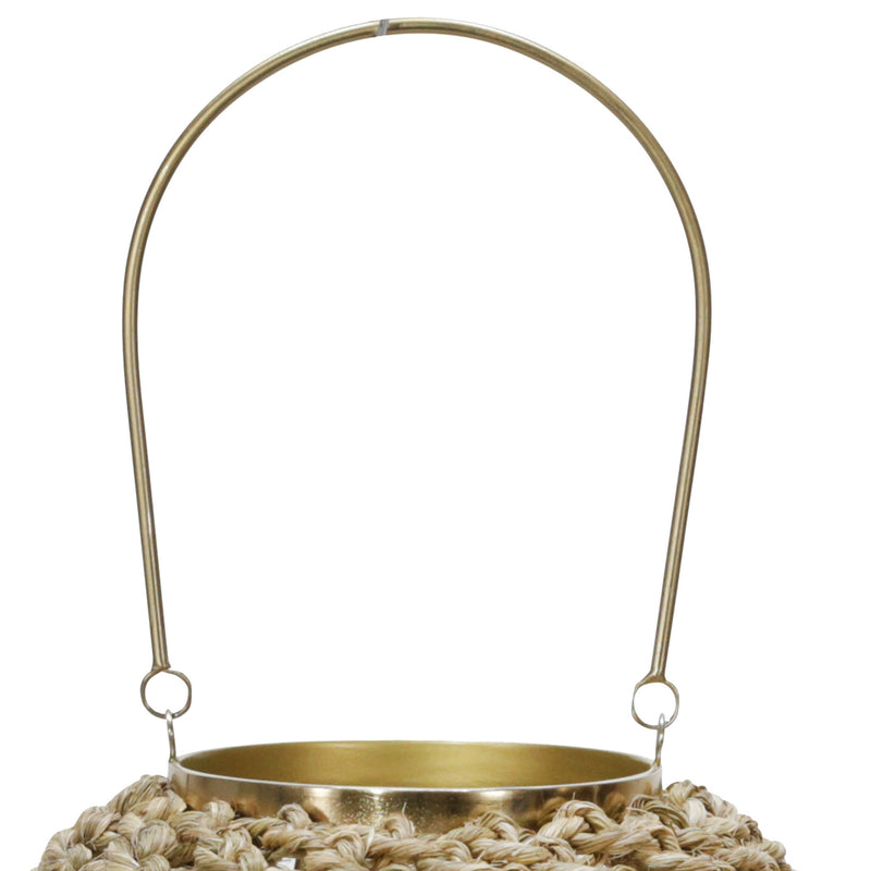 Cylindrical Rattan Lantern With Metal Frame And Handle small brown And Gold-zoom-