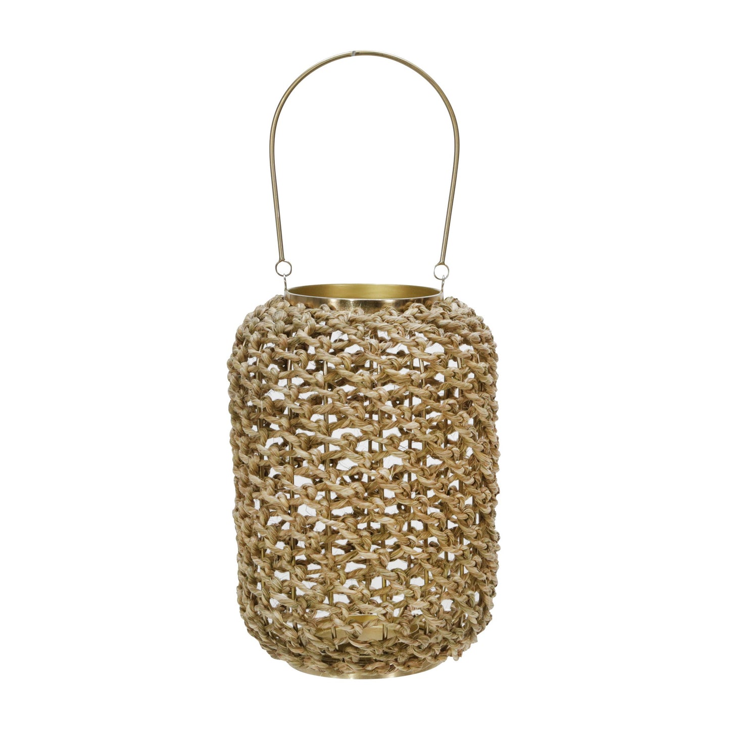 Cylindrical Rattan Lantern With Metal Frame And Handle small brown And Gold