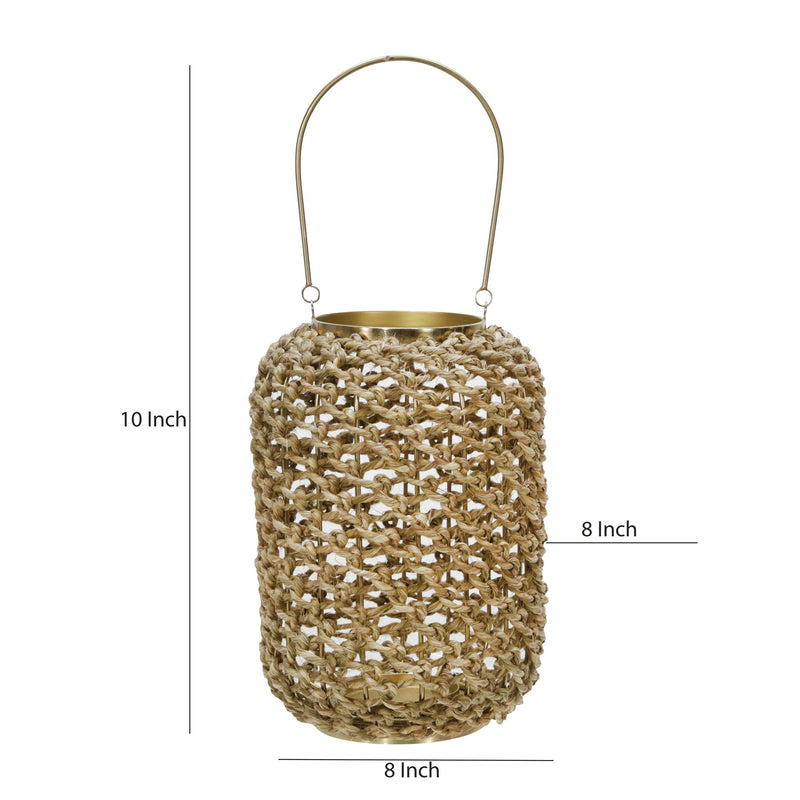 Cylindrical Rattan Lantern With Metal Frame And Handle small brown And Gold-zoom-