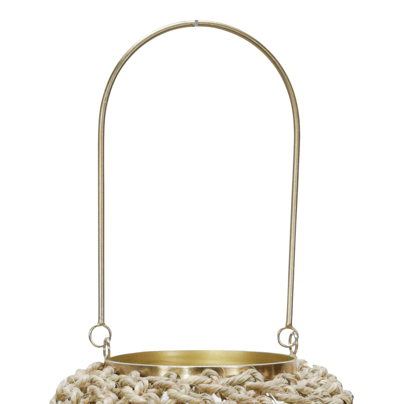 Cylindrical Rattan Lantern With Metal Frame And Handle large brown And Gold-zoom-