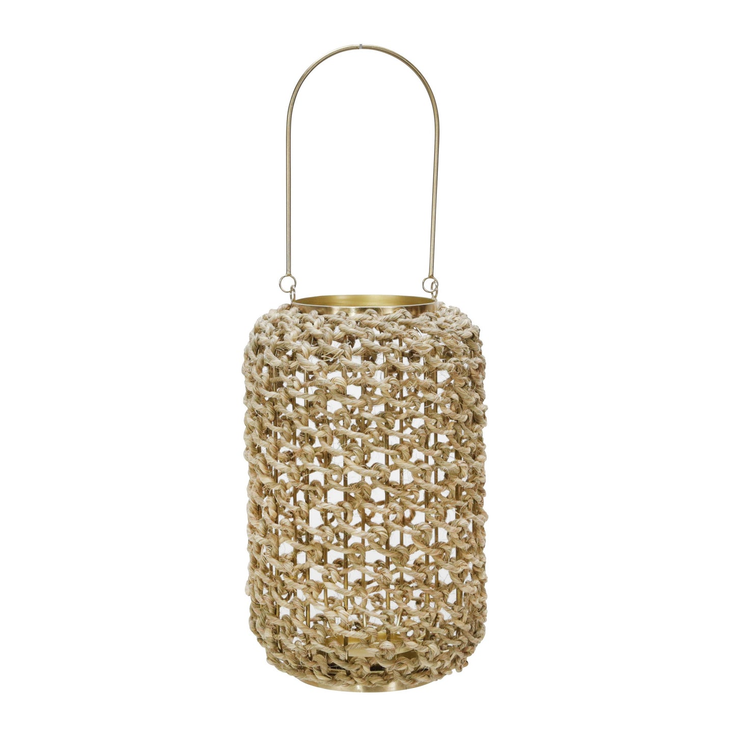 Cylindrical Rattan Lantern With Metal Frame And Handle large brown And Gold