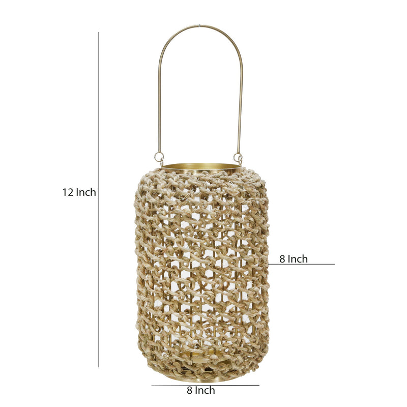 Cylindrical Rattan Lantern With Metal Frame And Handle large brown And Gold-zoom-