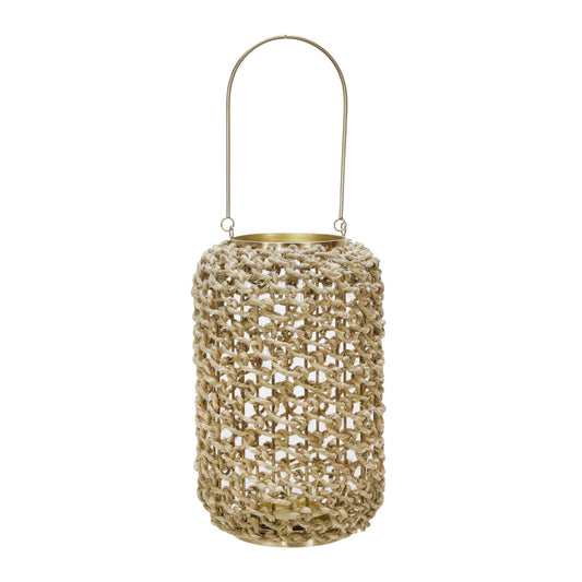 Cylindrical Rattan Lantern With Metal Frame And Handle large brown And Gold