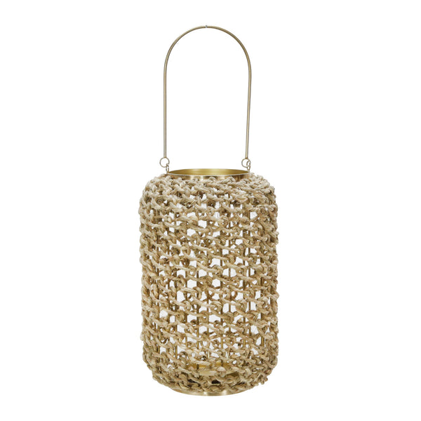 Cylindrical Rattan Lantern With Metal Frame And Handle large brown And Gold