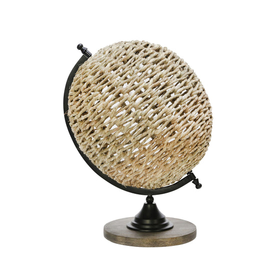 Metal Frame Globe Decor With Woven Rattan And Stable Base Black And Brown