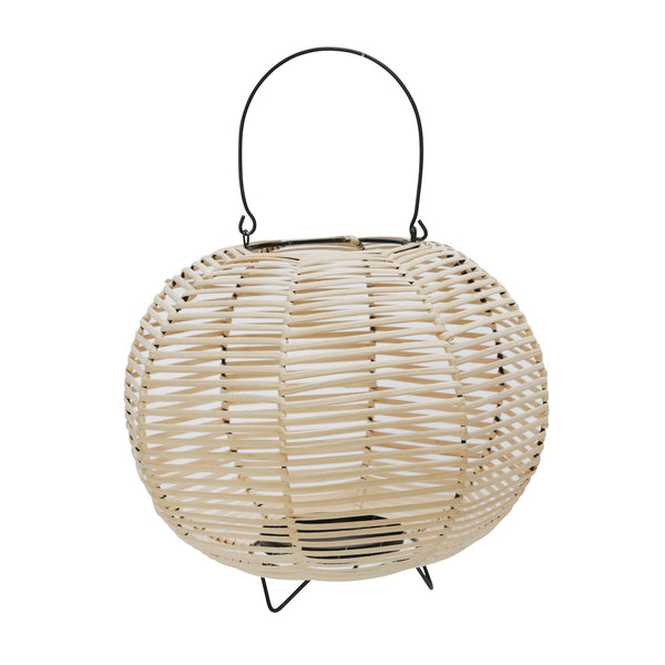 Woven Wicker Lantern With Bellied Metal Frame And Handle Beige And Black