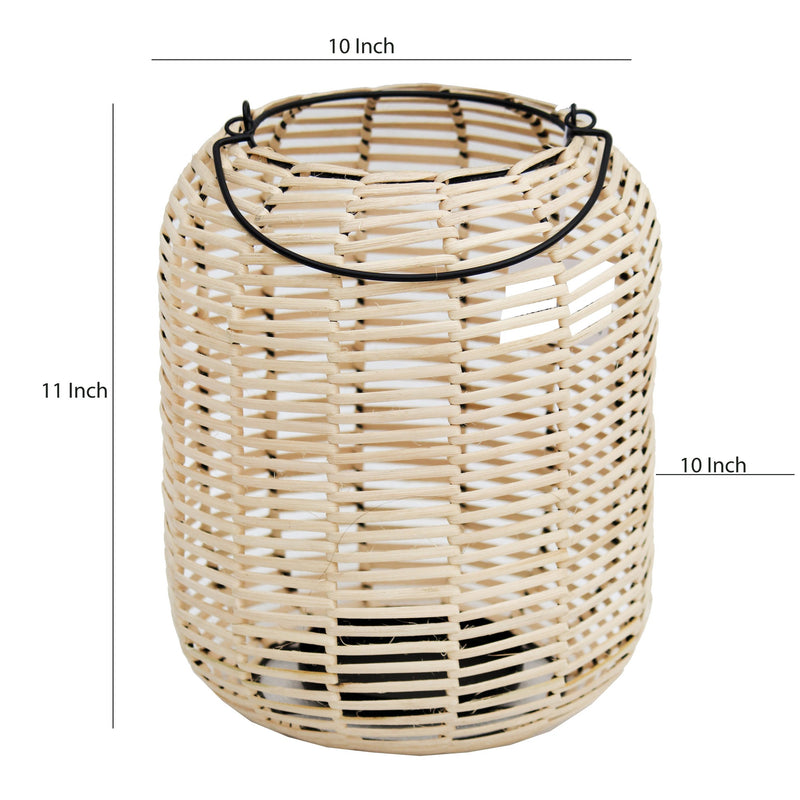 Woven Wicker Lantern With Round Metal Frame And Handle Beige And Black-zoom-