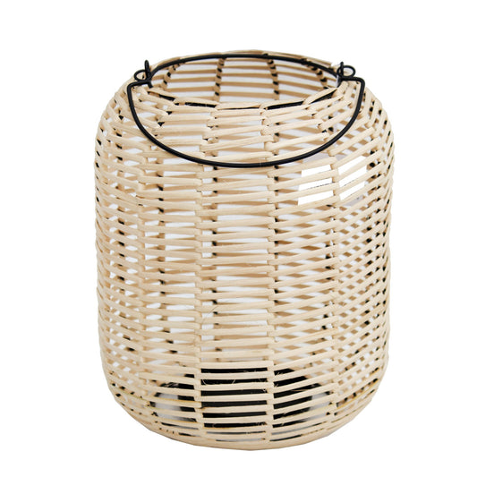 Woven Wicker Lantern With Round Metal Frame And Handle Beige And Black