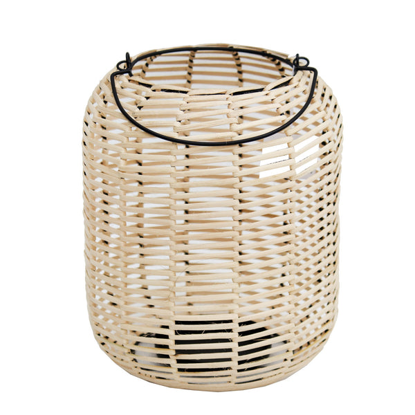 Woven Wicker Lantern With Round Metal Frame And Handle Beige And Black