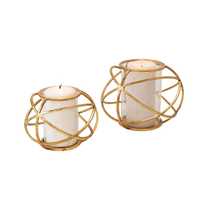 Metal Candle Holder With Orb Design And Glass Hurricane Set Of 2 Gold-zoom-
