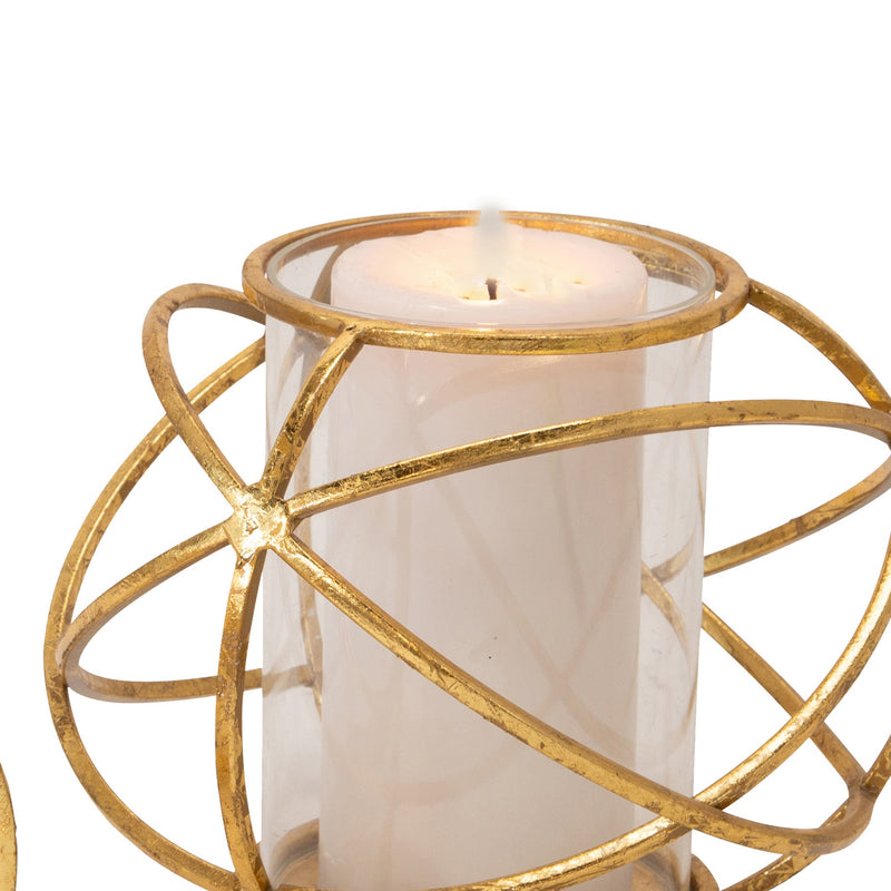 Metal Candle Holder With Orb Design And Glass Hurricane Set Of 2 Gold-zoom-