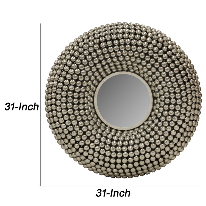31 Inch Metal Wall Decor With Mirror And Studded Nail Accents Silver-zoom-