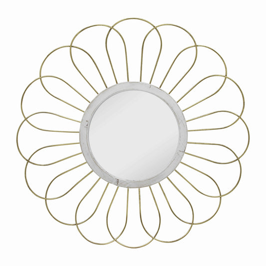 Metal Wall Decor With Round Mirror And Overlapped Flower Petals Gold