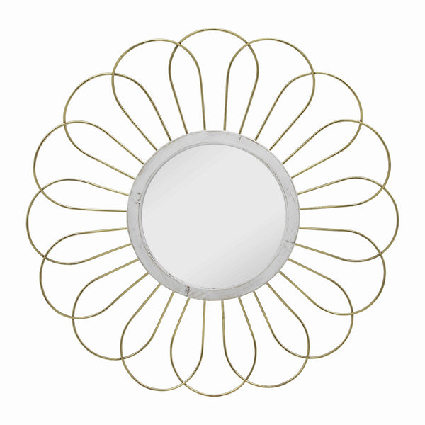 Metal Wall Decor With Round Mirror And Overlapped Flower Petals Gold