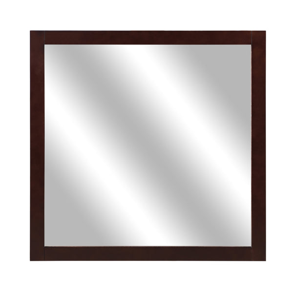 Transitional Style Square Mirror With Wooden Frame Cherry Brown