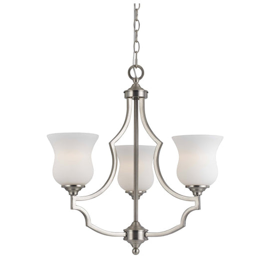 3 Bulb Uplight Chandelier With Metal Frame And Glass Shades silver And White