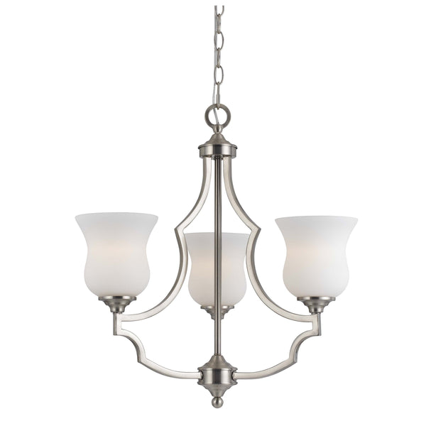 3 Bulb Uplight Chandelier With Metal Frame And Glass Shades silver And White