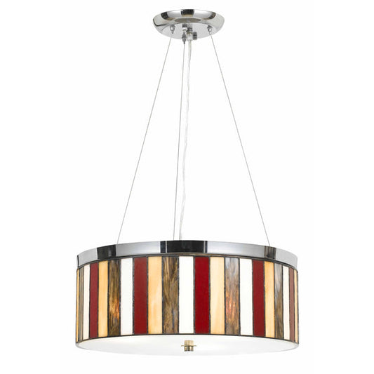 3 Bulb Glass Drum Chandelier With Stripe Pattern Multicolor