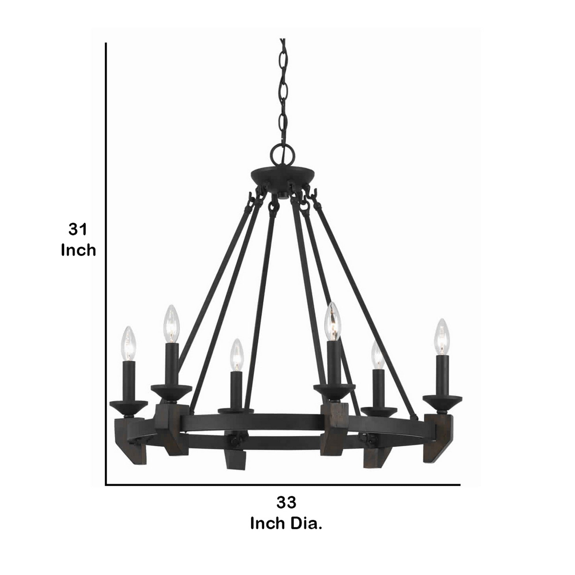 6 Bulb Metal Frame Wagon Wheel Candle Chandelier With Wooden Accents Black-zoom-5