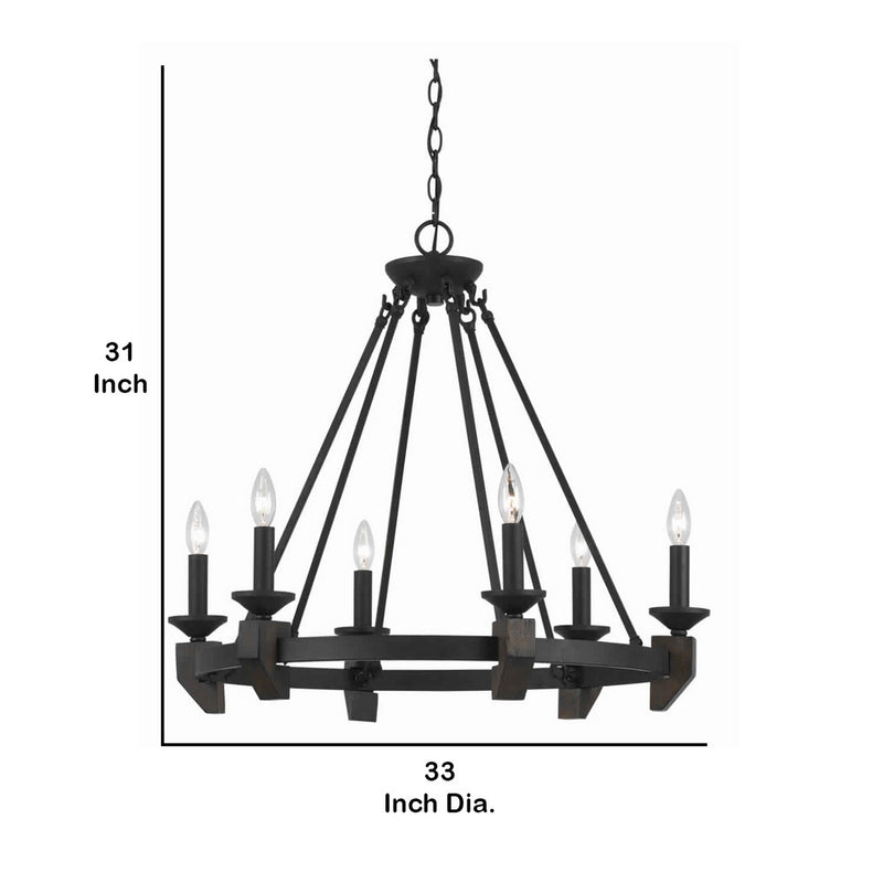 6 Bulb Metal Frame Wagon Wheel Candle Chandelier With Wooden Accents Black-zoom-