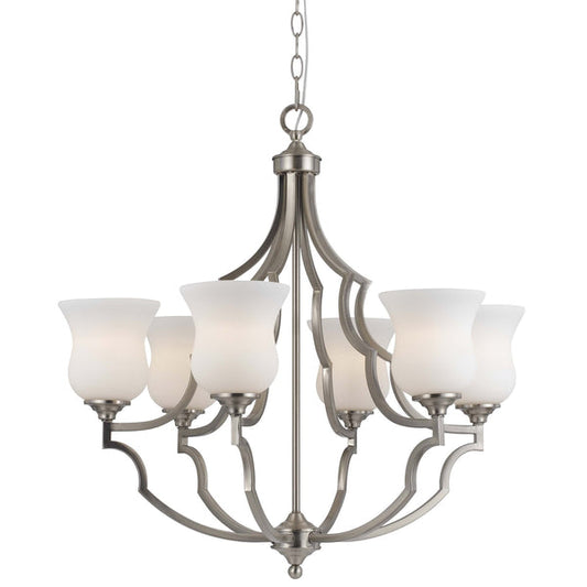 6 Bulb Uplight Chandelier With Metal Frame And Glass Shades silver And White