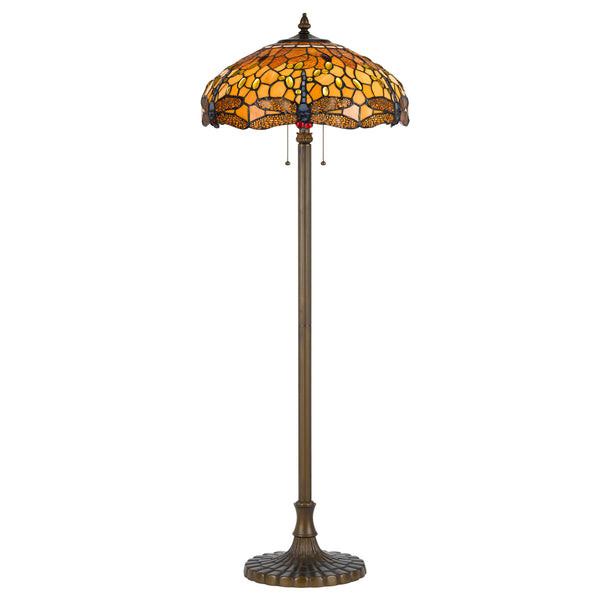 2 Bulb Tiffany Floor Lamp With Dragonfly Design Shade Multicolor
