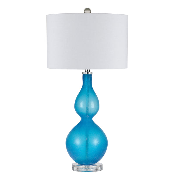 Resin Table Lamp with Turned Body and Fabric Drum Shade Blue and White