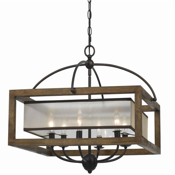 6 Bulb Square Chandelier With Wooden Frame And Organza Striped Shade Brown