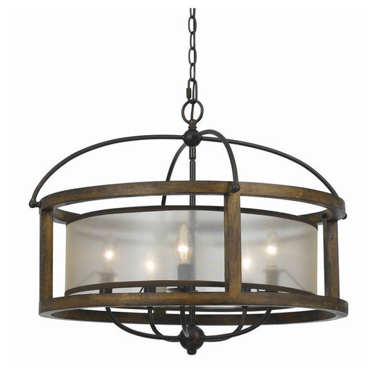 5 Bulb Round Chandelier With Wooden Frame And Organza Striped Shade Brown