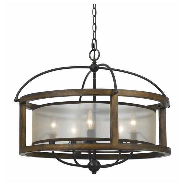 5 Bulb Round Chandelier With Wooden Frame And Organza Striped Shade Brown