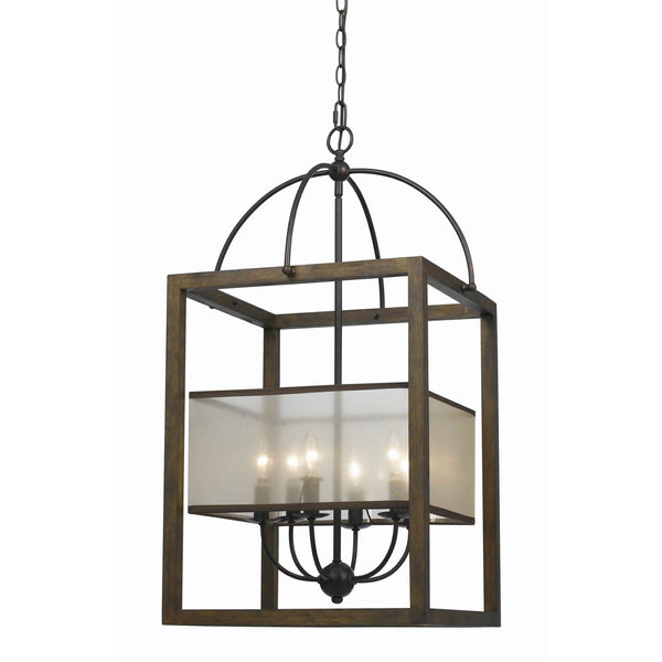 Rectangular Chandelier With Wooden Frame And Organza Striped Shade Brown