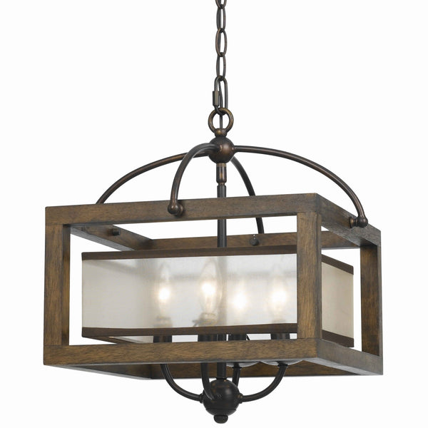 4 Bulb Semi Flush Pendant With Wooden Frame And Organza Striped Shade brown-zoom-1