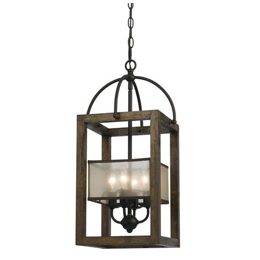 4 Bulb Chandelier With Wooden Frame And Organza Striped Shade Brown